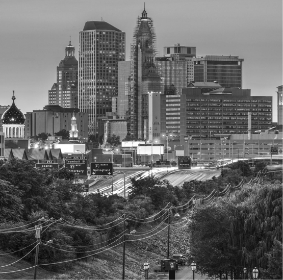 black and white image of a city